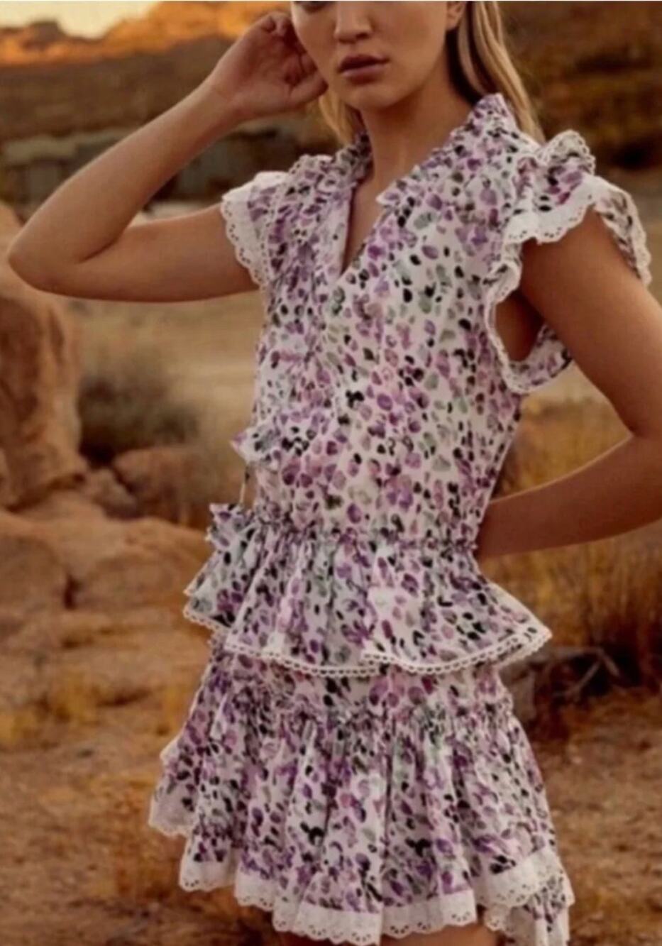 Misa Los Angeles Dress XS Lilian Mini Lavender Dot Floral Ruffle Mini Feminine